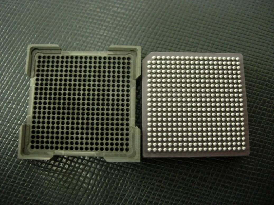 Graphite jig for CBGA packaging (left) and a CBGA substrate with aligned solder balls (right)